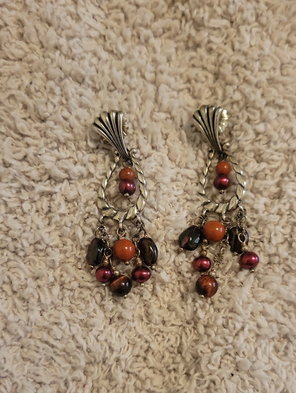 Sterling Silver Red Jasper And Red Tigers Wye With Red Pearl Earrings